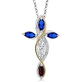 Cross Necklace For Women In 925 Silver and 10K Yellow Gold with Moissanite and Blue Created Sapphire and Garnet | 1.43 Cttw | Jesus Christian Religious Crucifix | Marquise 8X4MM | With 18 Inch Chain