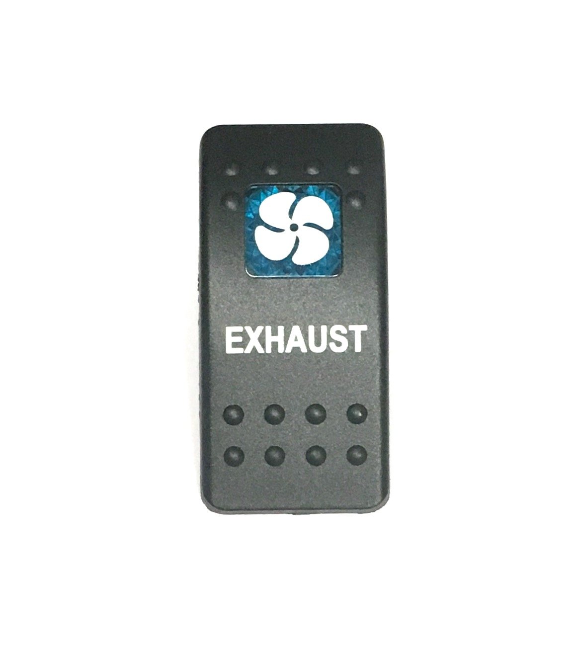 Euro Rocker Switch Cover with Text, Black with Blue Lens. Contura II, Fits Carling, Cole Hersee, Blue seas