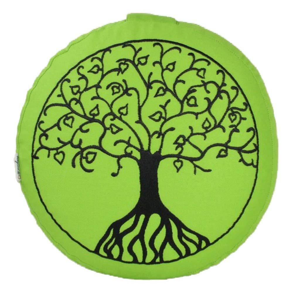 Maylow - Yoga with Heart - Yoga Cushion Meditation Cushion with Embroidery Tree of Life 33 x 10 cm Filled with Spelt Husks - Cover and Ticking 100% Cotton (Apple Green/Black)