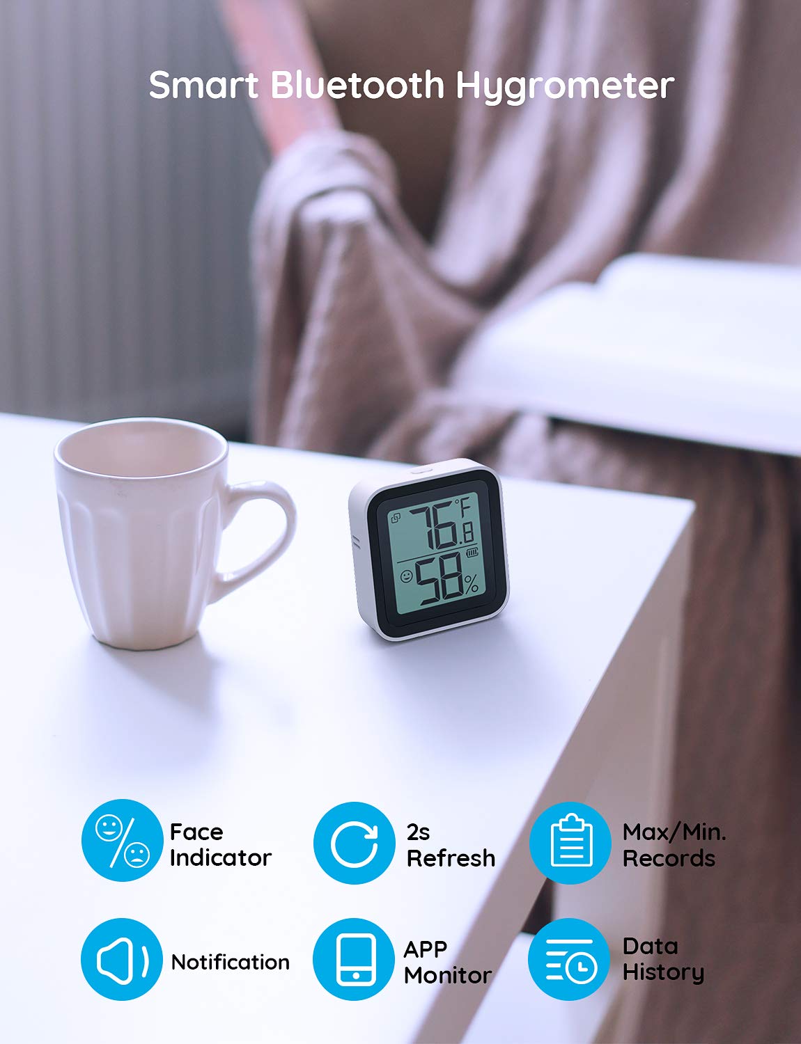 Govee Bluetooth Thermometer Hygrometer Digital Temperature Humidity Monitor for Home, Wireless Temperature Humidity Sensor for Greenhouse, Humidor, Room, Notification Alert, 2-Year Data Storage
