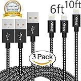 Airsspu iPhone Cable,3Pack(6FT/6FT/10FT)Nylon Braided Lightning Cable USB Cord Charging Cable for iPhone 5/5S/5C/SE 6/6S 6 Plus/6S Plus, iPad mini/Air/Pro iPod touch (Black Gray)