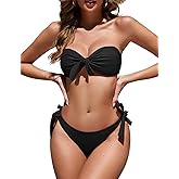 Zonsaoja Women Strapless Bandeau Bikini Set Knot Two Piece Swimsuit Side Tie Cheeky Bathing Suits