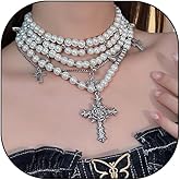 Layered Pearl Cross Choker Necklace Set for Women Gothic Stacked Statement Pearls Necklaces Adjustable Crucifix Pendant Necklaces Jewelry Gift