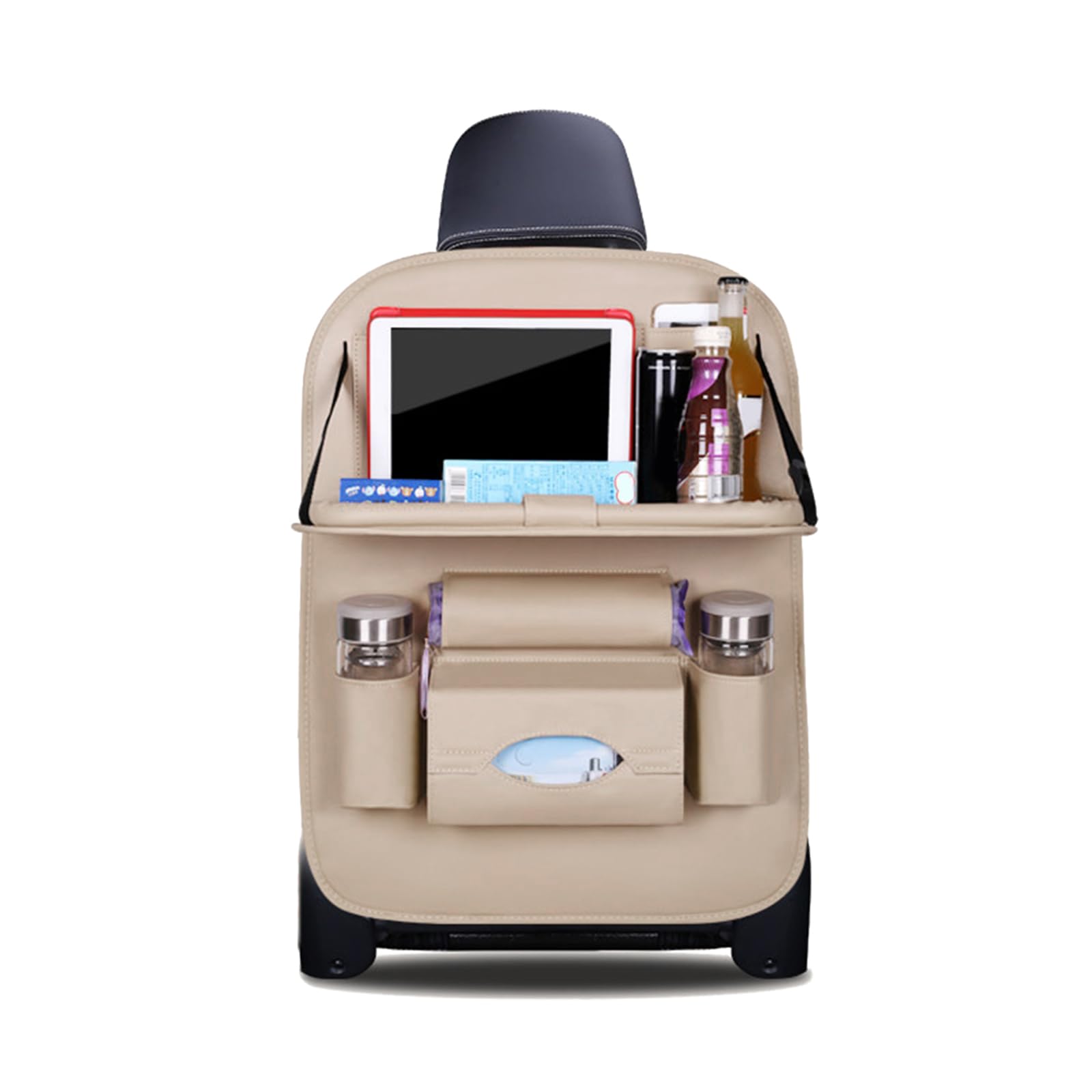 Ergocar Car Back Seat Organiser Kick Mats Luxury PU Leather with Foldable Tablet Holder Car Organisers Car Storage Multi-Function Back Seat Protector for Long Trip and Family (Beige - 1 Pack)