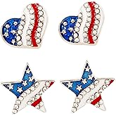 Soochat 4th of July Earrings American Flag Rhinestone Earrings for Patriotic Independence Day Women Ear Ornament Gift (Star, Heart, 2 Pairs)