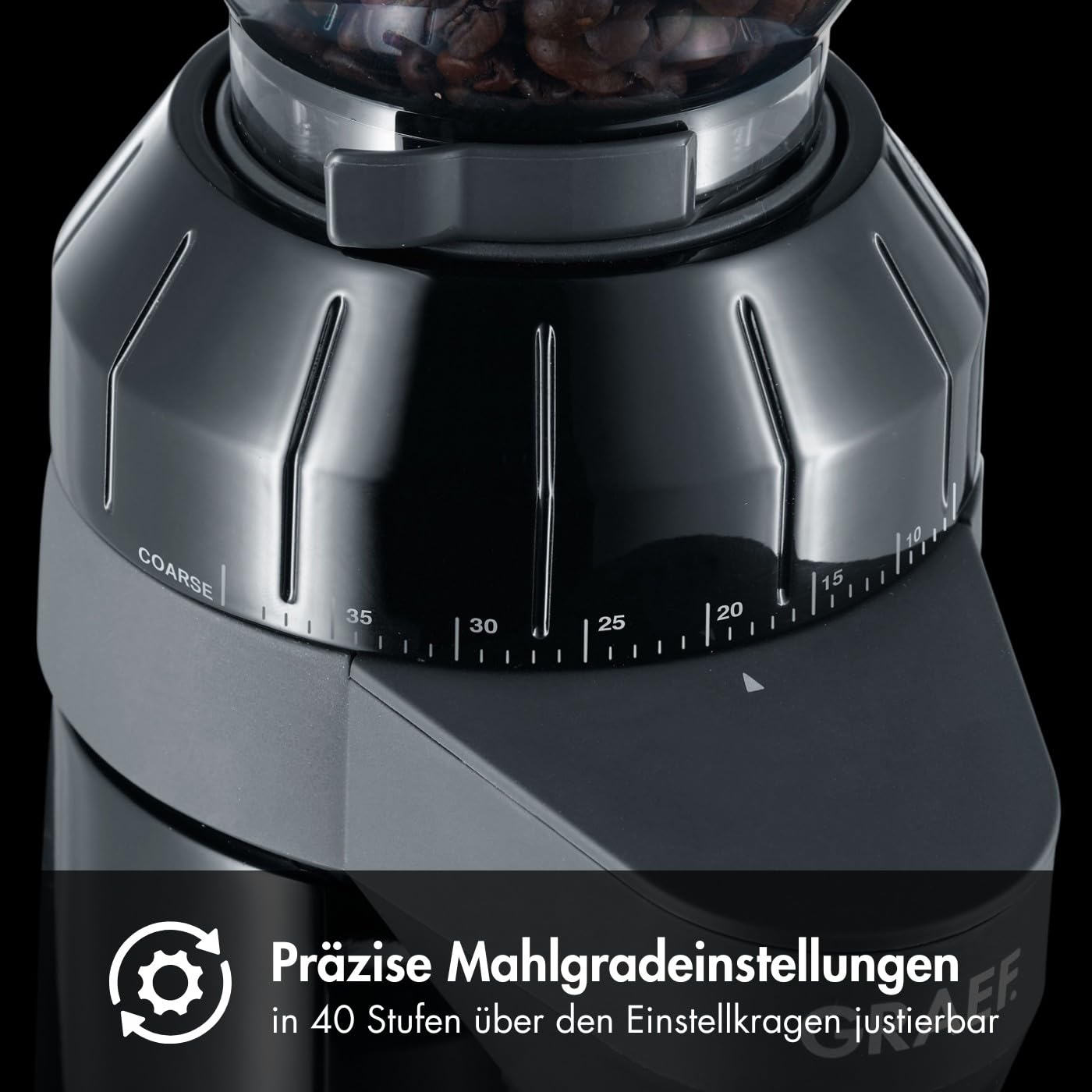 GRAEF CM802 - Elektrische Kaffeemühle, Aluminiumgehäuse, Bohnenbehälter 350 g, Edelstahl-Kegelmahlwerk, 40 Mahlgrade, Kaffeemühle Siebträger, Antistatik-Einsatz, Aluminium-Schaufelrad, 128 W, Schwarz 6