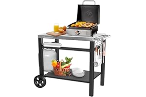 GRILL FORCE Grill Table, Movable Dining Cart, Pizza Oven Table Stand, Double-Shelf Grill Stand, Food Prep and Work Cart with Wheels, Hooks, Fits for Blackstone Ninja