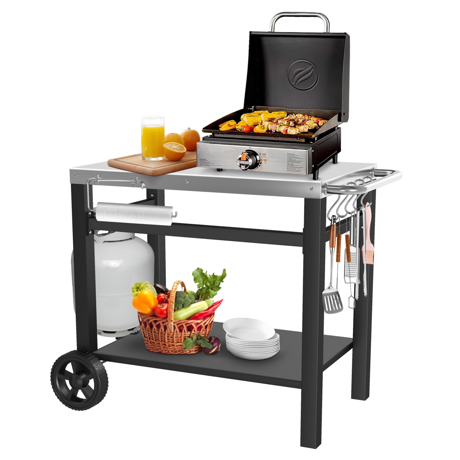Photo 1 of GRILL FORCE Outdoor Grill Table, Movable Dining Cart, Pizza Oven Table Stand, Double-Shelf Grill Stand, Food Prep and Work Cart with Wheels, Hooks, Fits for Blackstone Ninja