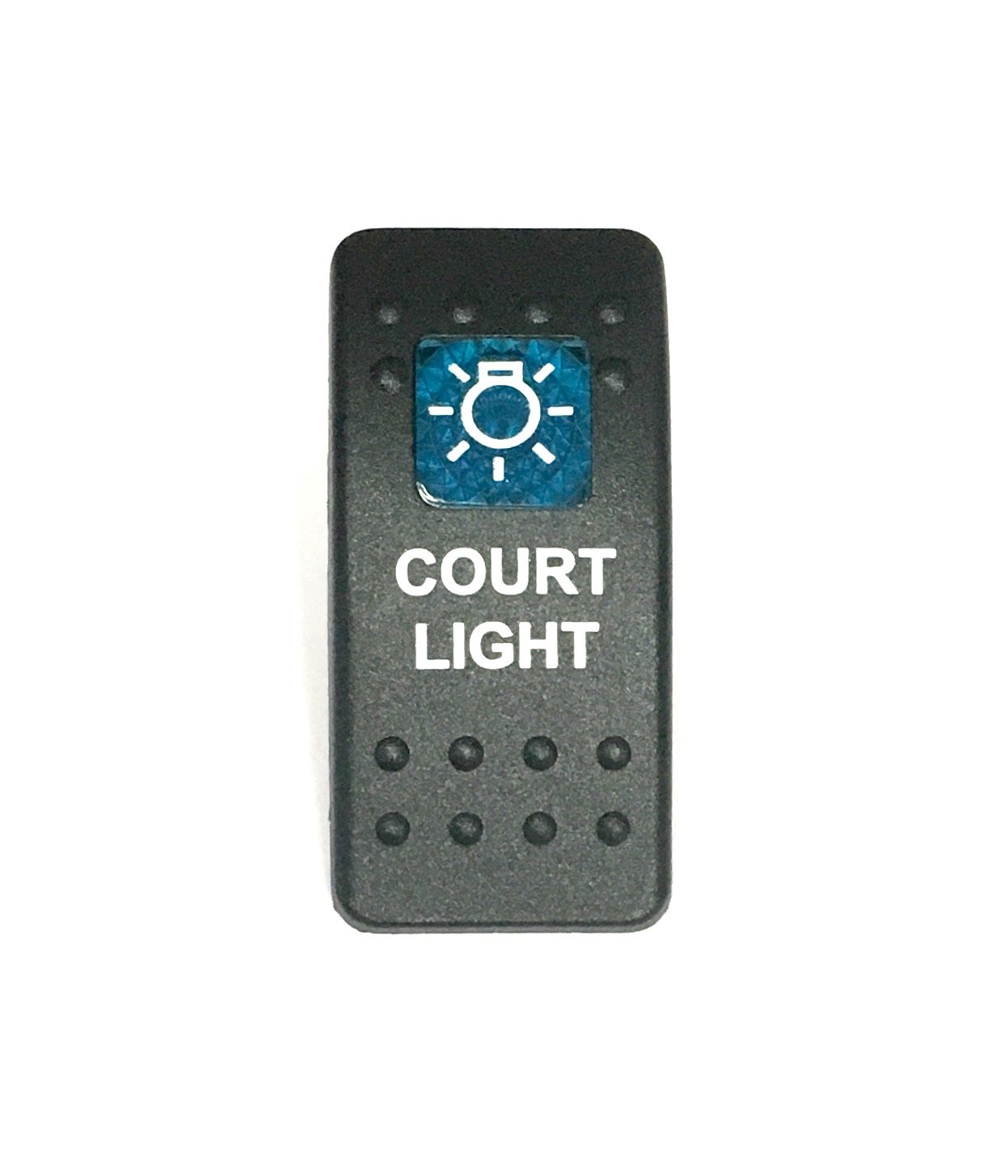 Euro Rocker Switch Cover with Text, Black with Blue Lens. Contura II, Fits Carling, Cole Hersee, Blue seas