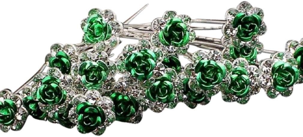 Various Beautiful Designs of Pearl/Crystals and Rhinestone Flower Hair Pins for Brides/Bridesmaids/Prom/Sweet Sixteen/Quinceanera/Weddings - Set of 20 (Green Roses)