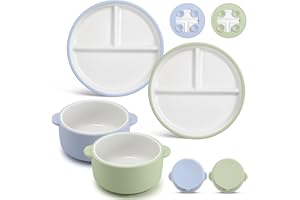 Domensi 4 Pcs Porcelain Kids Plates and Bowls Sets with Suction, 2 Ceramic Toddler Divided Plates 2 Baby Anti Slip Silicone Sleeve Bowls for Feeding Supplies Microwave Dishwasher Safe(Blue,Green)