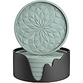 ME.FAN Silicone Coasters with Holder,[6 Pack] Drinking Coasters - Cup Mat for Hot or Cold Drinks, Thickened, Non-Slip, Non-stick,Deep Tray Desert Sage