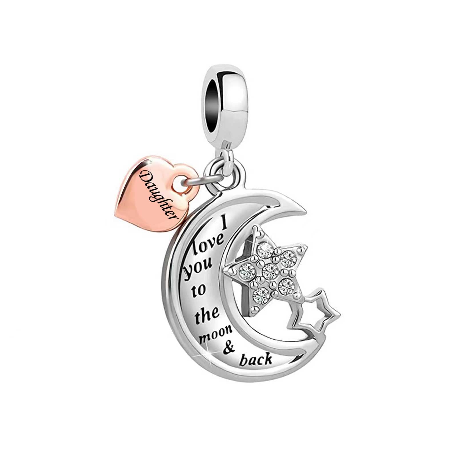 KunBead Jewelry Daughter I Love You to the Moon and Back Star Heart Dangle Charms Compatible with Pandora Bracelets Gift from Dad Mum Mother