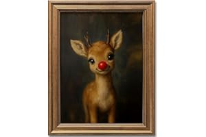HUASHI ART Vintage Christmas Wall Art Decor Gold Framed Art Funny Clown Reindeer Picture Painting for Home Living Room Decor Holiday Gift (Reindeer, 12L" x 9.5W")