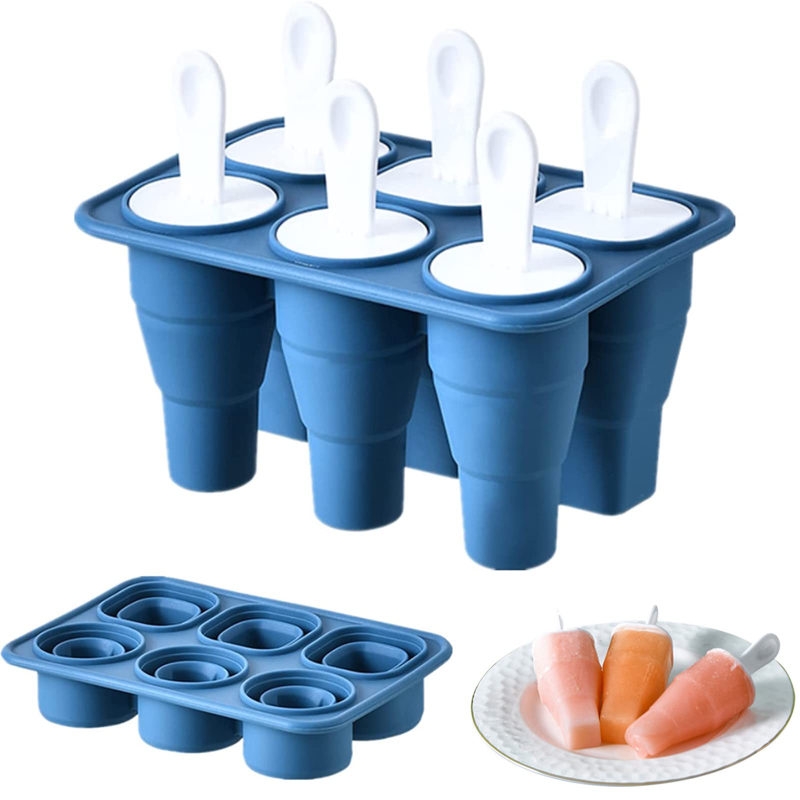 Collapsible Popsicle Molds 6 Grids DIY Ice Lolly and Ice Cream Moulds Silicone Ice-Pop Molds Easy Release Ice Cream Mold Reusable Popsicle Stick with Drip-Guards (Blue)