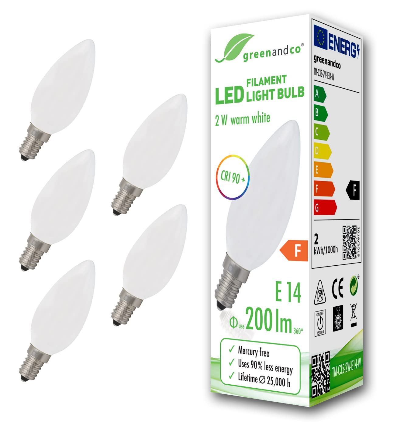 greenandco® CRI 90+ E14 LED Filament Candle Frosted 2W Replaces 20W 200lm 2700K Warm White 360° 230V, no Flicker, not dimmable, 5-Pack — image 1