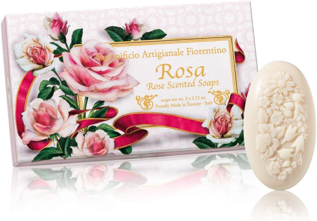 Rosa, box of Italian rose soap, oval soaps sculpted with bouquet of flowers, 3 x 3.52 oz.