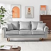 Velvet 3-Seater Sofa Couch with 2 Pillows,Wood Legs,Grey (Grey)