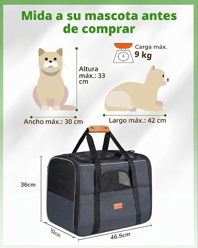 Transportín Perro Gato, Bolsa de Transporte Transpirable para Mascotas, Portador de Viaje con Correa de Hombro Ajustable, Transporte de Gato con Colchón Suave + Tazón Plegable 45,7L x 31,8W x 35,6H cm