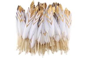 Sowder 50pcs Colorful Gold Goose Feathers 4-6inch(10-15cm) for Art Craft Party Decoration Clothing Accessories Duck Feather(White&Gold)