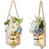FGDECORJOIE 2 pcs Lighted Mason Jar Wall Decor with Artificial Flowers, Wooden Welcome Sign, Battery Operated, 50 LED Lights, Rustic Farmhouse Style Christmas Festival