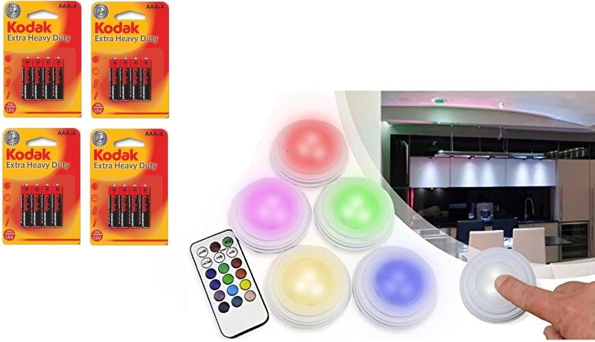 LED Under-Unit Lights with Remote Control RGB – Pack of 5 for Kitchen or Cupboard Programmable Spotlights for stairs, Wireless Battery Operated Light Set, White, Dimmable, Spotlight, Timer – with Batteries Free