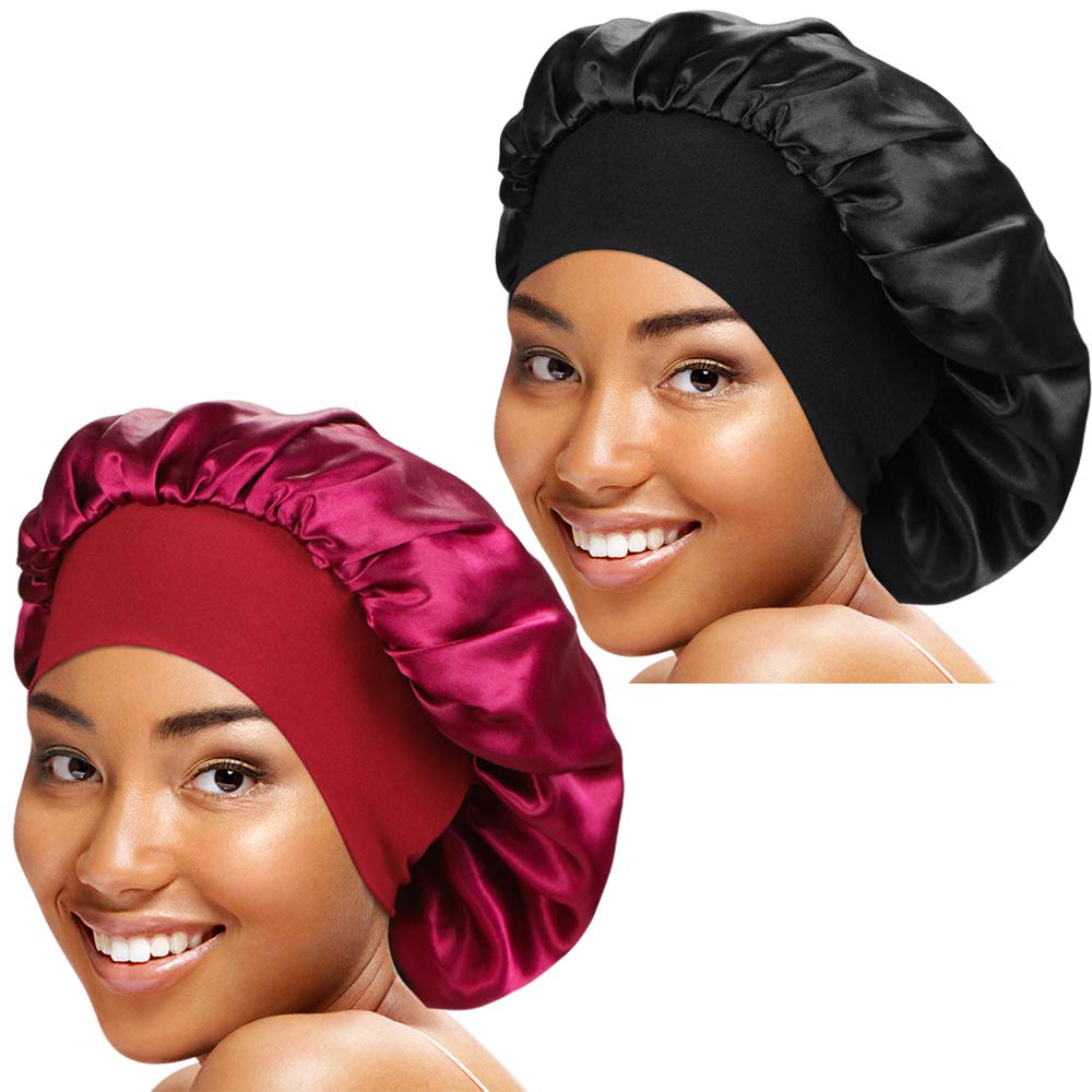 2 Pieces Wide Band Satin Cap Sleep Bonnet Soft Night Sleep Hat for Women