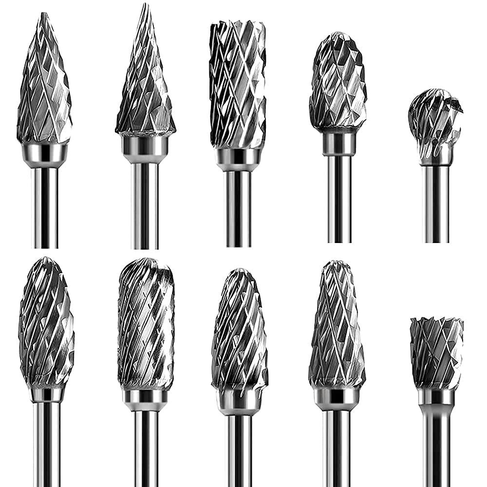 Double Cut Carbide Rotary Burr Set - 10 Pcs 1/8" Shank, 1/4" Head Length Tungsten Steel for Woodworking,Drilling, Metal Carving, Engraving, Polishing by Lukcase