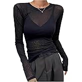 RoseSeek Women's See Through Mesh Tops Crew Neck Long Sleeve Basic Shirts Sheer Tight Tees