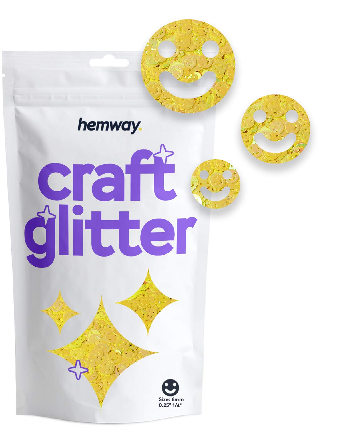 Hemway Craft Glitter Smiley Face Shape, 50g, Yellow | Shaped Glitter for Crafts, Resin, Cosmetic, Nail, Face, Body, Festival, Tumblers, Art, Crafting