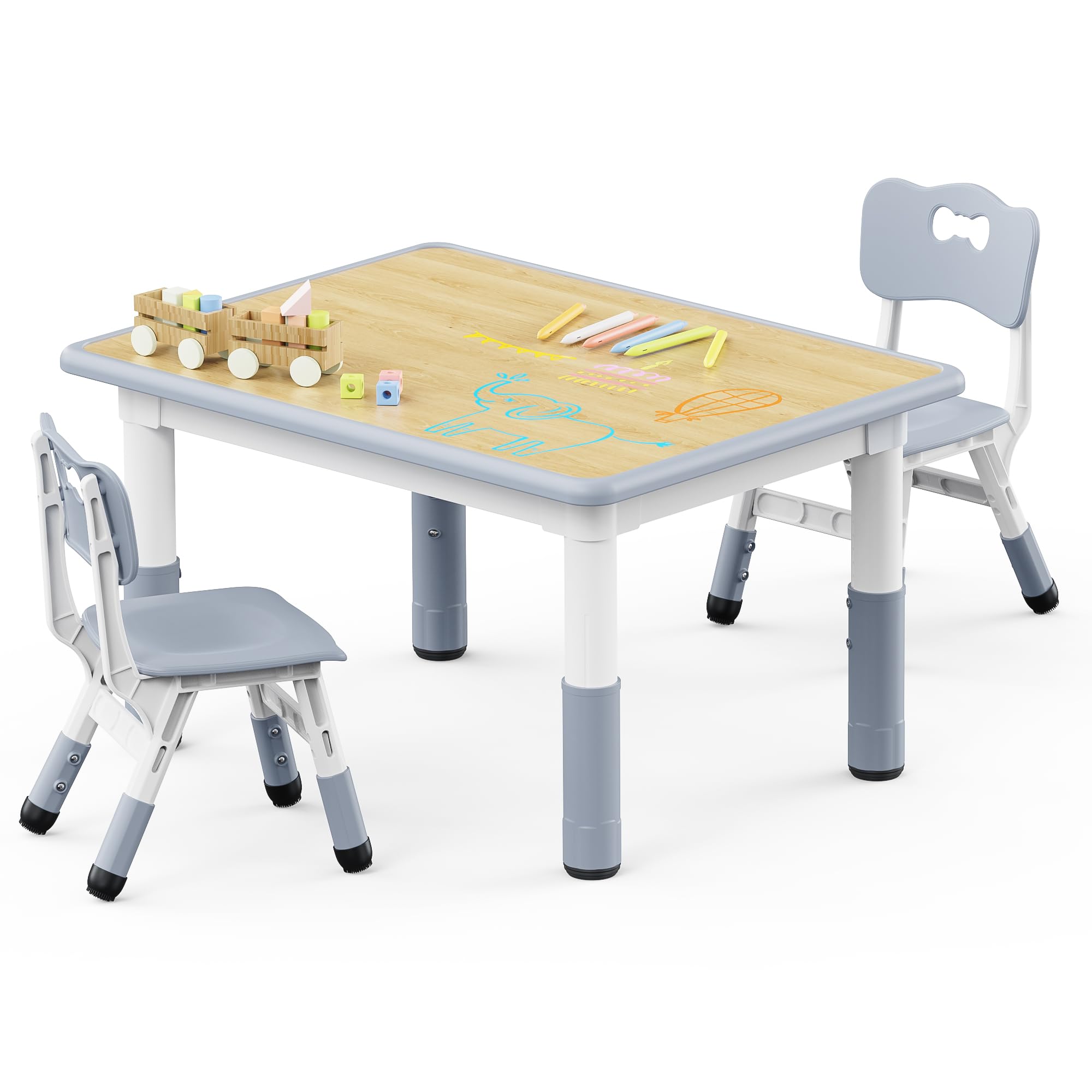 Brelley Kids Table and 2 Chairs Set, Height Adjustable Toddler Table and Chair Set, Graffiti Desktop, Classroom/Daycare/Home, Children Multi-Activity Table for Ages 2-8