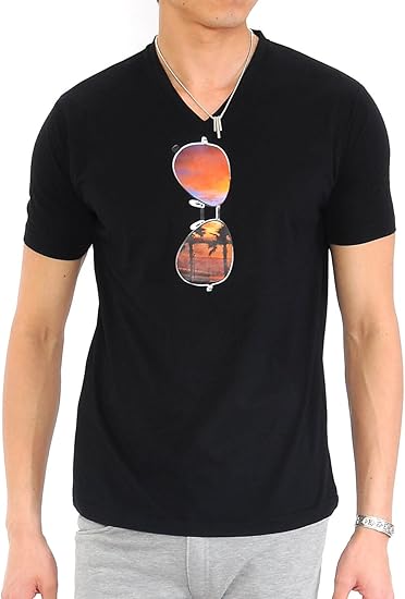 Amazon スペイド Spade Tシャツ メンズ 半袖 プリント ボタニカル 総柄 花柄 ボーダー Vネック リゾート E153 M サングラス黒 Tシャツ カットソー 通販