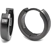 Pair Stainless Steel Bevel Edge Hoop Huggie Men Earrings Black Gold-tone Silver-tone 16mm