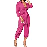 Xinlees Women's Elegant Jumpsuit Casual Long Sleeve Solid Straight Trousers Business Romper Stretchy Ankle Cuffs