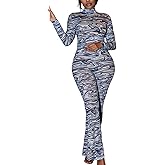 Sexy Mesh 2 Piece Set for Women See Through Turtleneck Going Out Crop Top Flared Pant Sets Jumpsuit Club Outfits