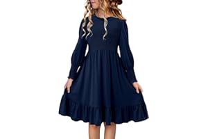 Yoklass Girls Smocked Dress Casual Puff Long Sleeve Ruffle Neck Dresses 4-13 Years