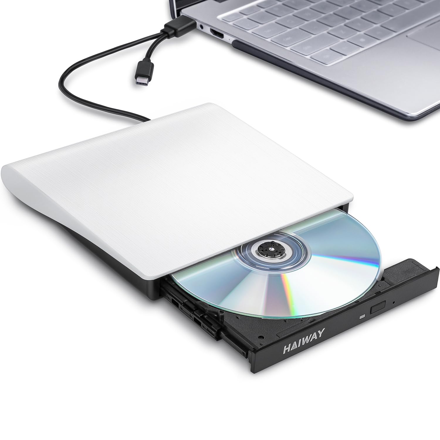 Photo 1 of Haiway External DVD Drive, USB 3.0 Type-C CD Burner Portable CD DVD +/-RW Optical Drive Slim CD DVD ROM Rewriter CD/DVD Player Writer Reader for Laptop Desktop MacBook PC Windows Linux Mac OS (White)