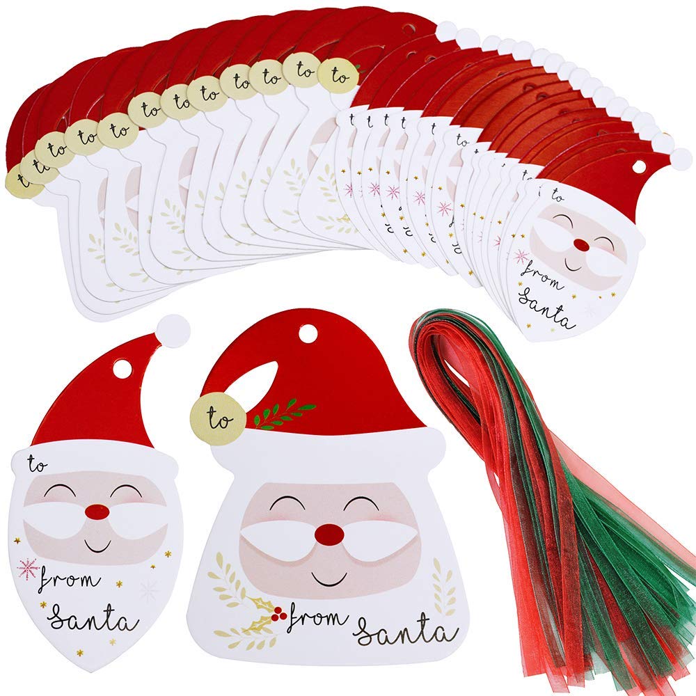 MonQi 100pcs Super Cute "From Santa" Christmas Gift Tags with 100 Red and Green Ribbons, Christmas Paper Labels for Christmas Gift Decoration for Children