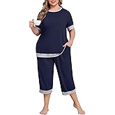 Lastshe Women Plus Size Pajama Set 2 Piece Short Sleeve Capri Pants Knit Sleepwear Lounge Set Ladies Pjs Soft with Pockets