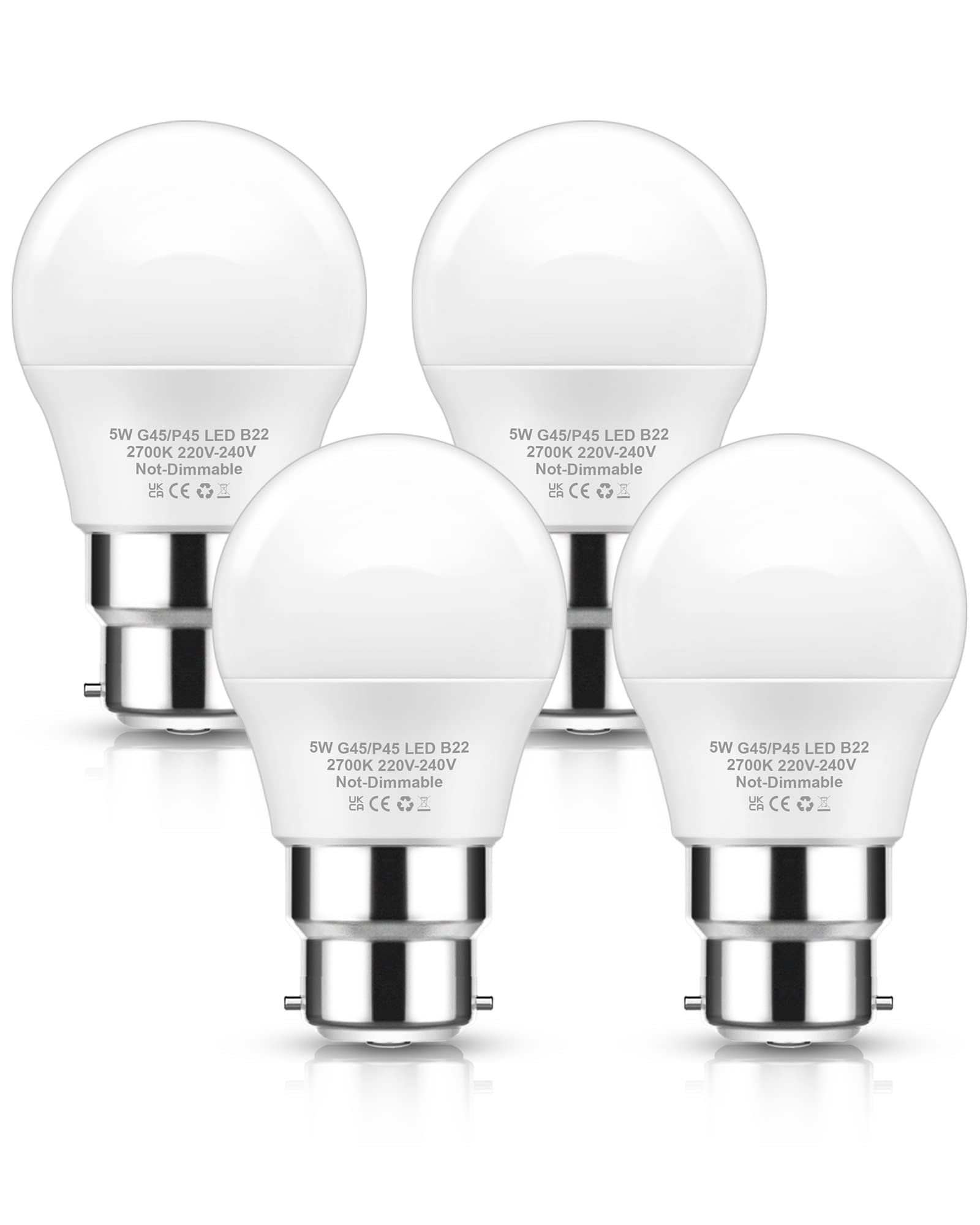 EvaStary Bayonet Light Bulbs, 5W B22 LED Bulb Bayonet 40W Equivalent, Warm White 2700K, LED Golf Ball Bulb Light Bulbs, Energy Saving G45 P45 Mini Globe LED Light Bulb, Non-Dimmable, 4 Packs