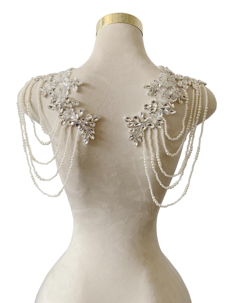 Photo 1 of 1 Pair Beaded Rhinestones Applique Embellishment for Clothes Epaulettes Shoulder Patches Sew-on Diamond Sequin Tassels Applique for Wedding Dress DIY Accessories 9.8X10.2inches (Silver)