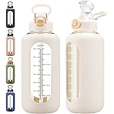 chunmo 64 oz Glass Water Bolttles with Straw Half Gallon Large Motivational Water Bottle with Time Marker Sports Water Bottles with Silicone Sleeve and Handle Lid Water Jug for Gym Workout