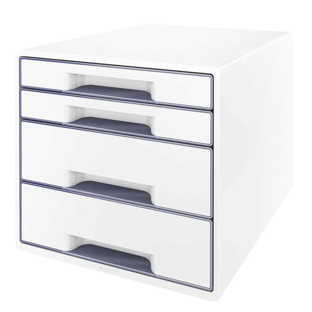 Leitz 4 A4 Drawer Cabinet with Marker Pen and Transparent Tray, Organiser, Wow Range, White/Grey