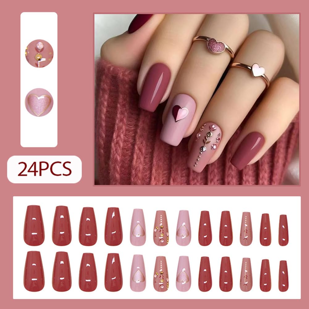 24Pcs Valentines Press On Nails Medium Square - Heart Press On Nails, Valentines Fake Nails with Heart&Diamond Glossy Design, Artificial Valentines Nails Stick On Nails for Women（Simplicity ） - Image 2