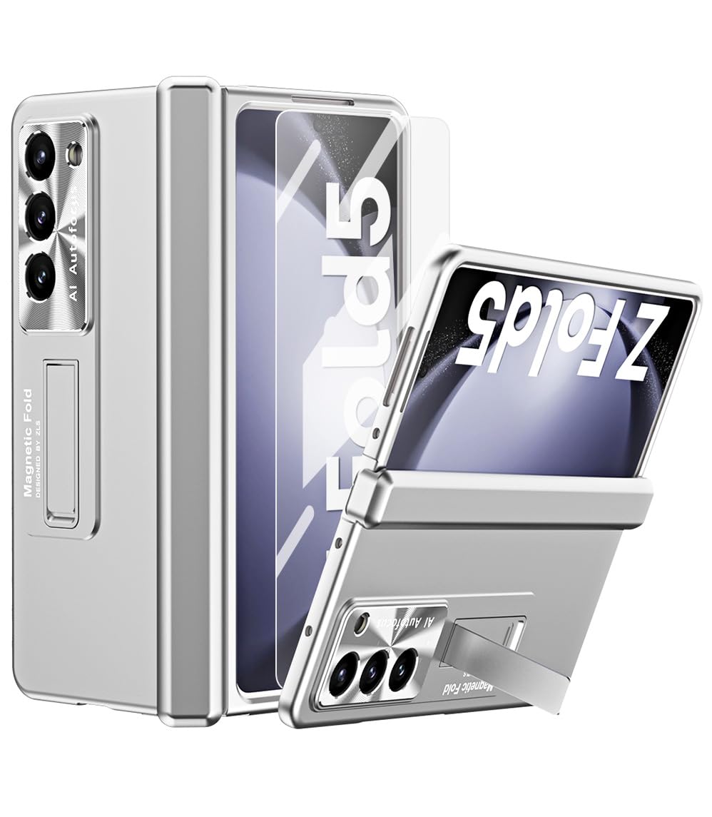 Photo 1 of Miimall for Samsung Galaxy Z Fold 5 Slim Case with Hinge Protection & Screen Protector & Kickstand, Ultra Thin Lightweight Hard Phone Cover Case for Galaxy Z Fold 5 5G 2023 Silver