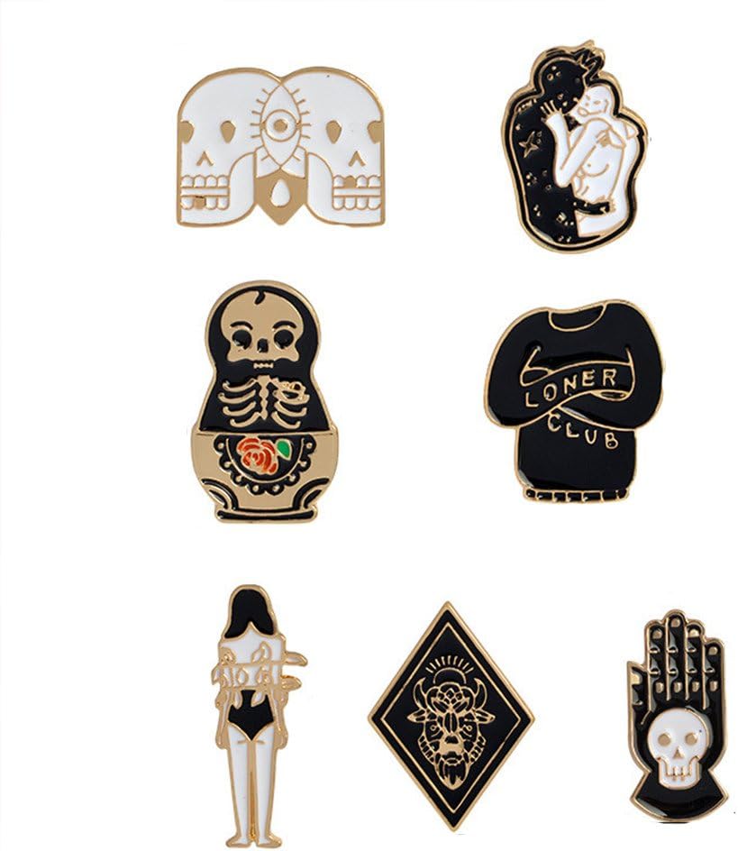 Cartoon Skull Women Brooches Collar Pins Set Enamel Button Black Totem Bound For Jacket Shirt