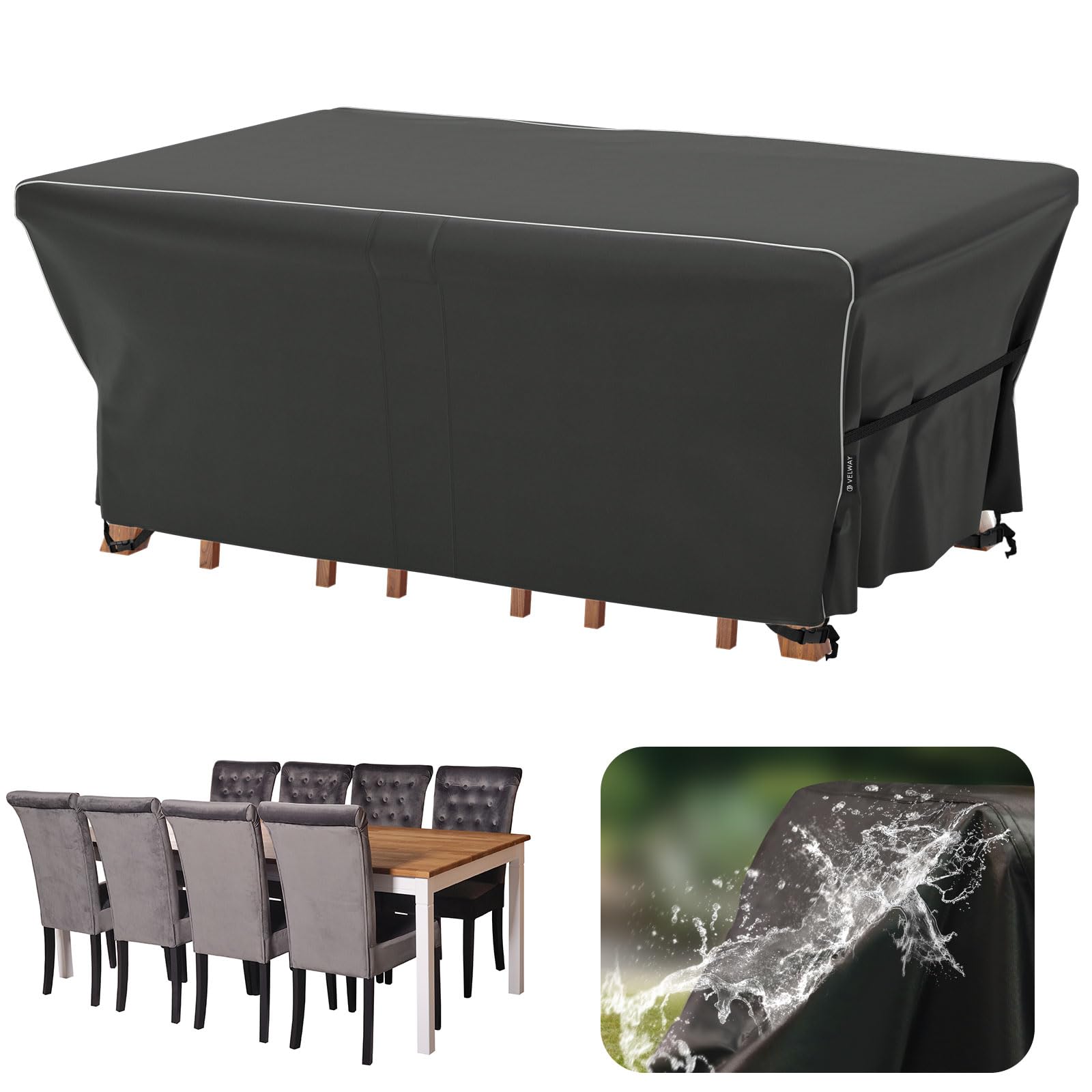 Velway Garden Furniture Covers Waterproof - 242x162x71cm Outdoor Furniture Covers Anti-UV Tear-Resistant with Reflective Strip Air Vent 600D Windproof Rattan Sofa Set Patio Table Cover - Black