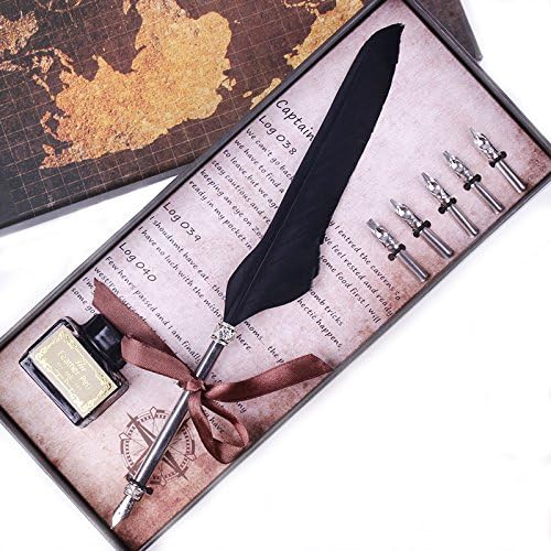 Ziv Calligraphy Feather Pen -Vintage Quill Feather Pen Ink Set with 5 Extra metal Nibs and Ink Calligraphy Writing Pen Wedding Gift Quill Pen Fountain Pen Stationery for Student (Black)