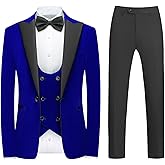 KUDMOL Mens Velvet Suit 3 Piece Slim Fit Tuxedo Peak Lapel Formal Blazer One Button Jacket Vest Pants for Prom Wedding