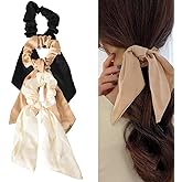 Silky Satin Hair Scarf Scrunchies with Ribbon Tails - Elastic Ponytail Holders for Women and Girls in Black, White, Beige for Thick and Thin Hair, 3PCS